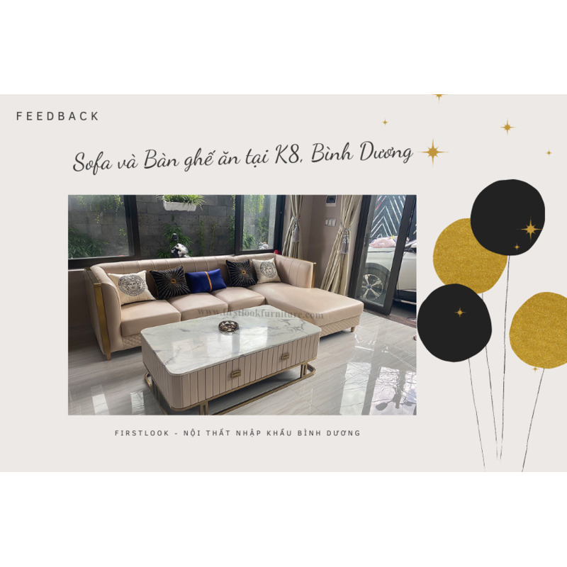 FEEDBACK | BỘ SOFA HIỆN ĐẠI VÀ BỘ BÀN ĂN MẶT ĐÁ CẨM THẠCH ĐEN VÂN NÂU KHÓI BẮT MẮT TẠI K8 BÌNH DƯƠNG