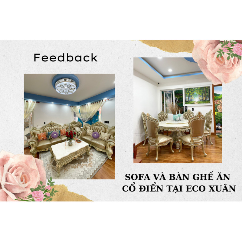 FEEDBACK | TRỌN BỘ SOFA VÀ BÀN GHẾ ĂN CỔ ĐIỂN DÁT VÀNG TẠI ECO XUÂN, THUẬN AN